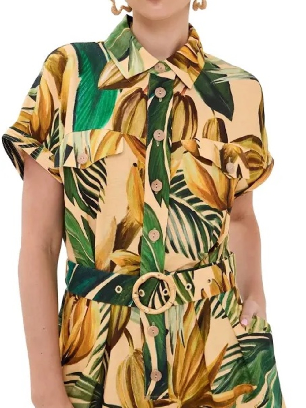 NWT FARM Rio Tropical Leaf Print Belted Jumpsuit — Green & Cream - Picture 15 of 16